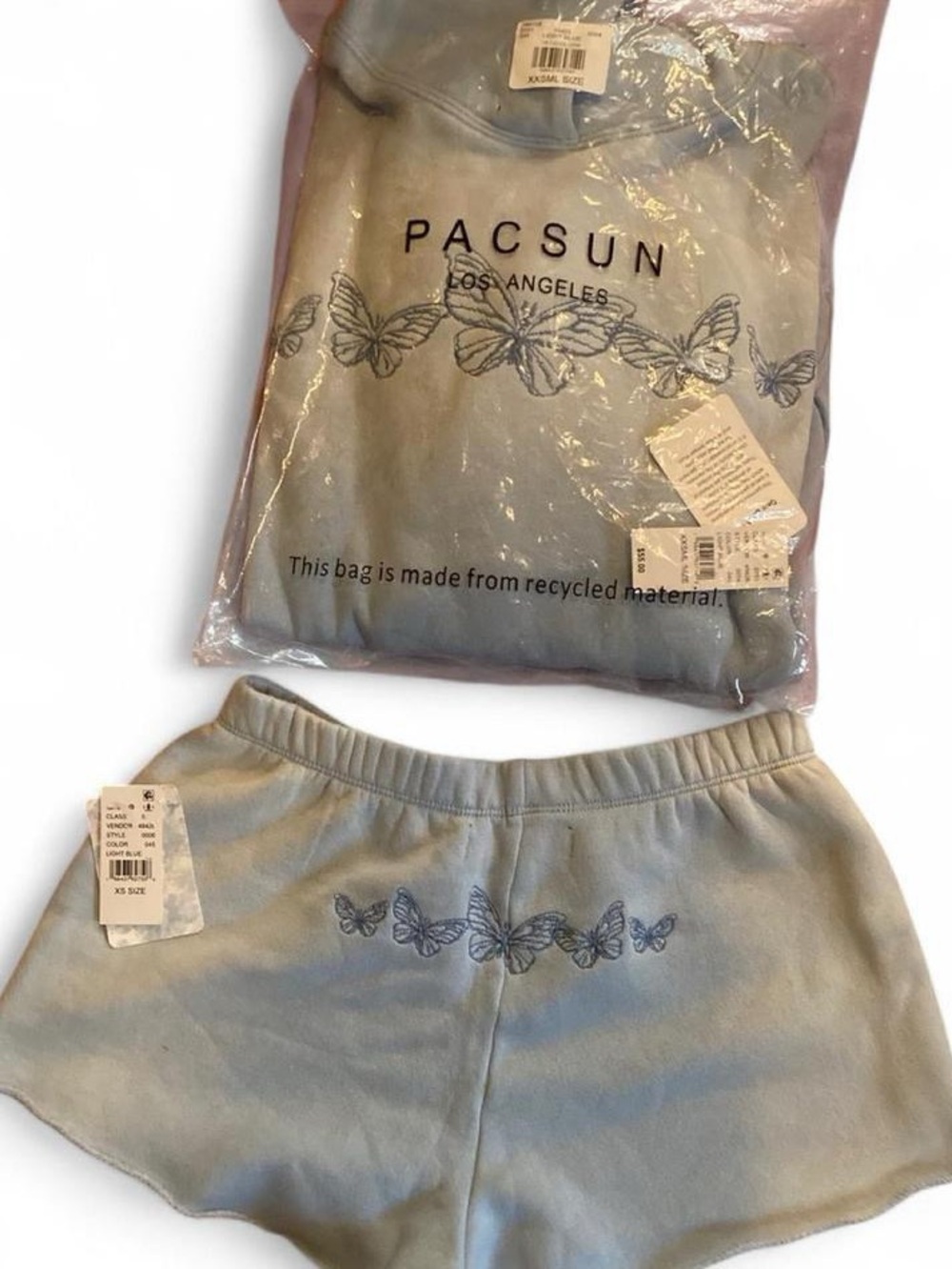 NWT PacSun Oversized Hoodie Light Blue/Embroidered Butterflies & Flow Shorts